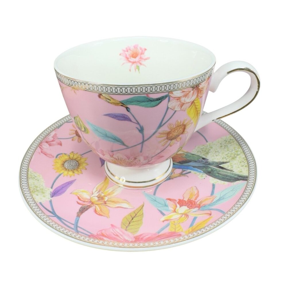 Shabby Chic Fine Porcelain Teacup And Saucer Set Tea Cup Plate Pink Floral‎ Bird